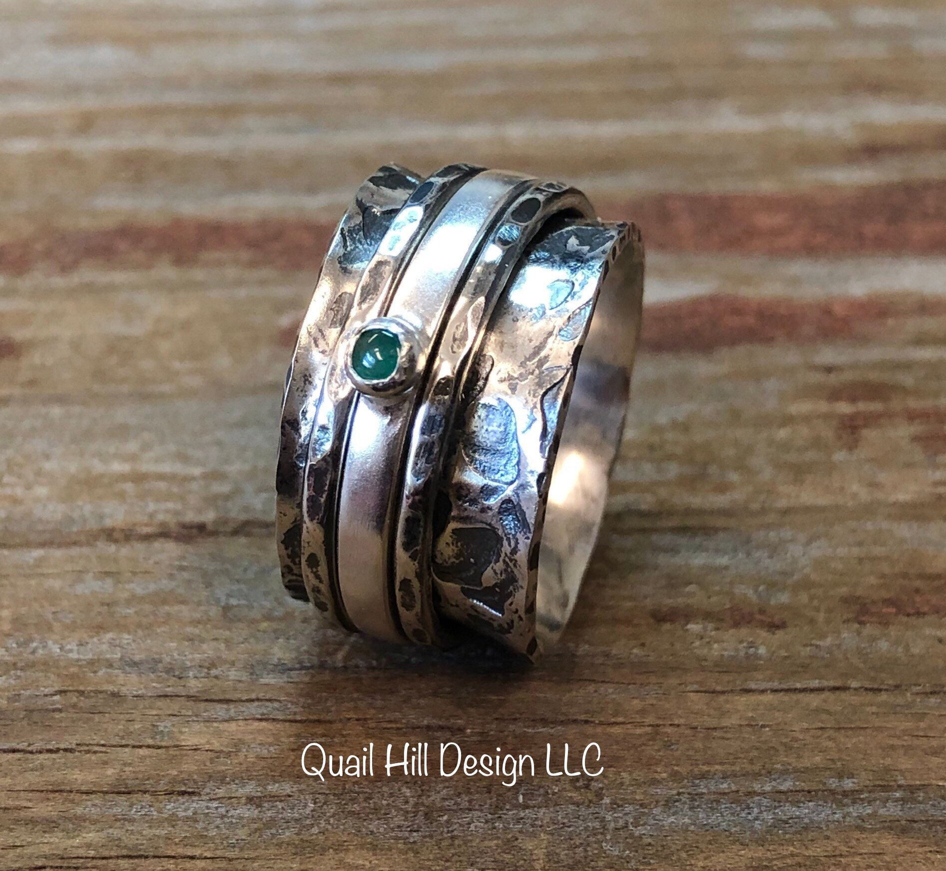 Emerald Gemstone Spinner Ring Texture Patina Ring Argentium Sterling