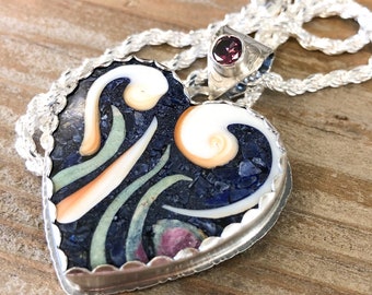 Blue Sodalite, White Shell, Ruby in Zoisite Inlay Heart Pendant with Rhodolite Garnet Gemstone accent. Argentium Sterling Silver Valentine