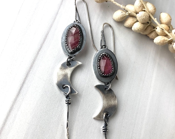 Featured listing image: Pink Tourmaline Half Moon Argentium Sterling Silver Earrings