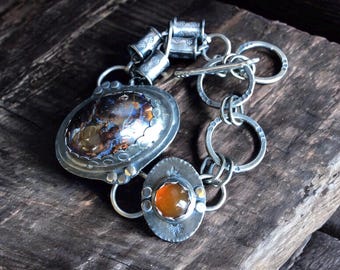 Koroit Boulder Opal and Oregon Fire Opal Bracelet Argentium Sterling Silver