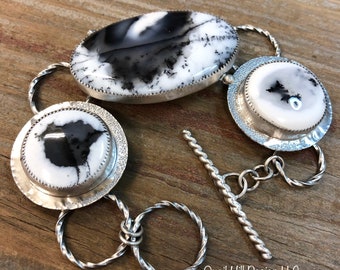 Dendritic Opal Boho Bracelet, Howling Wolf, Sterling Silver, Handmade, Artisan Silversmith, Argentium, Jewelry