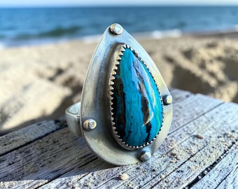 Chilean Blue Teardrop Opal Argentium Sterling Silver Ring size 8