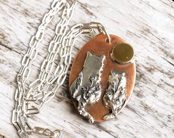 Cat Lovers Mixed Metal Copper and Argentium Sterling Silver Pendant Cats and Sun Necklace