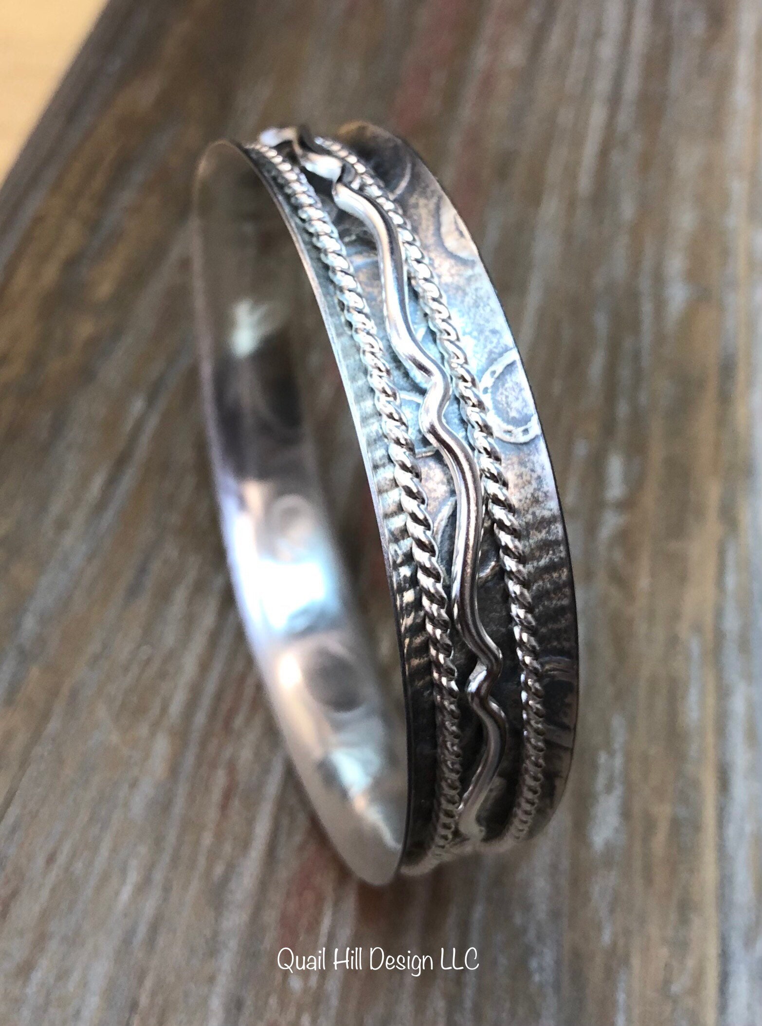 Sterling Silver Spinner Stacker Hoofbeats and Heartbeats Horseshoe Meditation Argentium Textured Bangle Bracelet