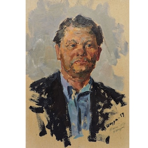 Pintura al óleo original antigua Retrato masculino del artista ucraniano A. Shkurko, 1959, Retrato de un hombre, Arte mural de retrato, Pintura de retrato