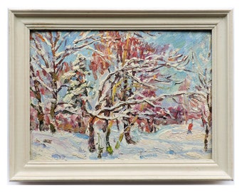 Trees VINTAGE SPRING LANDSCAPE Framed original oil painting by a Soviet Ukraine artist I.Tsyupka Meadows Nature 1960s Ready to hang art