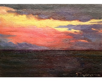 Vintage original oil painting by Ukraine artist G. Pushnikova 1960s Wall art, Sunset over the sea, Evening, Seascape, Skyscape, Overcast sky