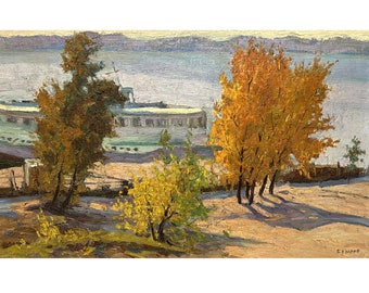AUTUMN RIVER LANDSCAPE Vintage Impressionist Original Oil Painting by Ukraine artist B.Egorov 1970, Ship at the pier, Yellow trees, Wall art