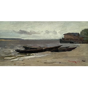 Mid century original oil painting Riverscape by Ukraine artist G.Voloshin 1949 Antique wall art, Boats on the river, Riverbank, Pier artwork
