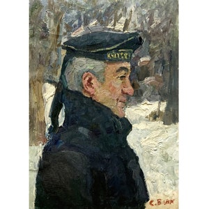 Pintura al óleo original vintage Retrato de un marinero del artista ucraniano S. Vovk, Retrato de un hombre, Gorra sin visera, Marinero de pelo gris, Arte de pared