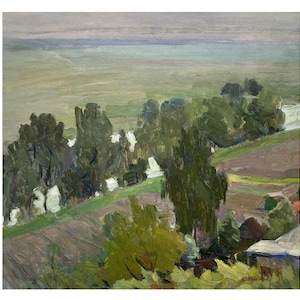 Vintage original oil painting Spring landscape by Ukrainian artist Y.Kiyanchenko, 1960s, Wall art, River behind village, Trees on riverbank