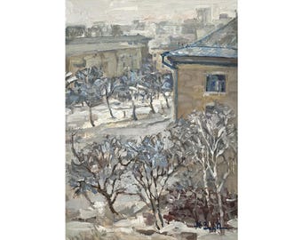 Vintage original oil painting Winter townscape by Ukraine artist N. Zaruba, 1982 Kharkiv wall art, Old town landscape, Trees, Snow landscape