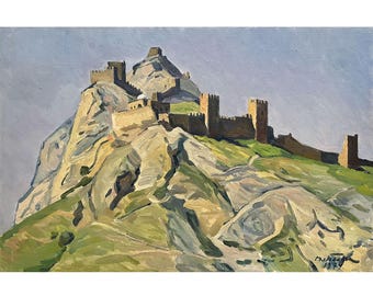 Vintage original oil painting on canvas Mountains landscape by Ukrainian artist V. Belyak, 1974, Wall art, View of the Old Genoese Fortress