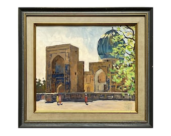 Framed vintage original painting Old town landscape by Ukraine artist Belyak, Uzbekistan, Samarkand Architecture, Oriental Cityscape, Mosque