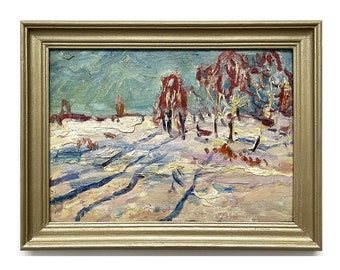 WINTER LANDSCAPE PAINTING Vintage framed original oil painting by Ukrainian artist M.Borymchuk, 1970s, Winter sunny painting, Snow painting