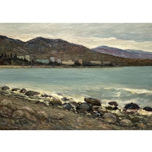 Antique original oil painting Sea landscape by Ukrainian artist V.Gerzenok, 1960, Seascape, Seashore, Beach, Seafront, Coastal-themed decor