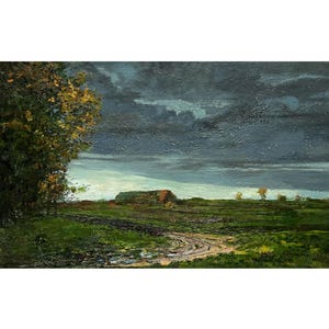 Vintage original oil painting Autumn field landscape by Ukrainian artist K.Zaruba, 1970s, Stormy sky, Skyscape, Haystack, Trees, Fall nature