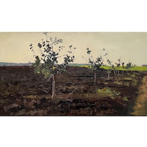 May include: An oil painting of a rural scene featuring a line of young trees with dark green leaves. The trees are set against a light beige sky. The foreground is a dark brown field, typical of a cultivated area.