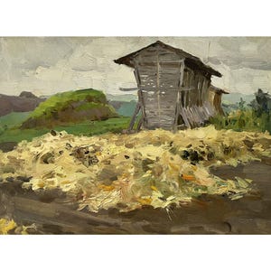 Pintura al óleo antigua original Paisaje campestre del artista ucraniano V. Pirogov, década de 1960, Pueblo, Patio rural, Vista campestre, Montones de heno, Naturaleza