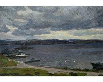 Vintage original oil painting by Ukrainian artist O.Solodovnikov, 1989, Wall art, Sea landscape, Seashore, Coastline view, Cloudy, Warships