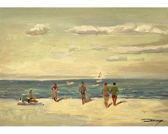 Original oil painting Beach Landscape by Ukrainian artist Demydenko, Impressionist Coastal Scene,  Seaside Artwork, Summer Beach Wall Decor