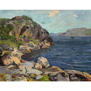 Vintage original oil painting Seascape by Ukrainian artist O.Solodovnikov, 1988, Wall art, Sea bay, Mountain coastline view, Sea landscape