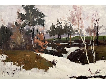 Mid century original oil painting Early spring landscape by Ukrainian artist V.Pirogov, 1950s, Evening, Trees, Woodland scenery, Last snow