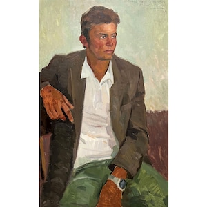 Vintage original oil painting Portrait of a tractor driver by Ukrainian artist V.Pirogov, 1983, Wall art, Portrait of a man, Male portrait