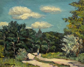 Original oil painting Summer forest landscape by Ukrainian artist Demydenko 1990s, Wall art, Scene with Trees and Figure, Nature, Home decor