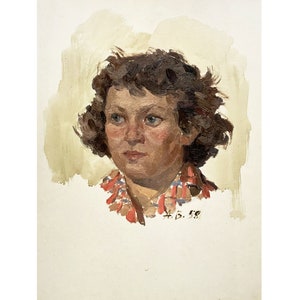 Vintage original oil painting Portrait of a girl by Ukraine artist V.Apollonov 1958, Portrait of a woman, Female portrait, Portrait wall art