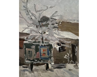 Antique original oil painting Winter village landscape by Ukraine artist A. Gurevich 1962 Countryside view, Farmhouse, Trees, Snow landscape