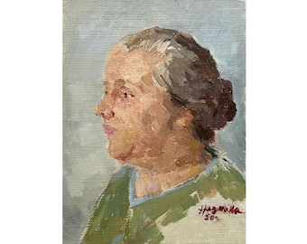 Antikes original Ölgemälde auf Leinwand Porträt einer alten Frau des Ukraine Künstlers T.Naumova 1950 Wandkunst Porträtmalerei, Weibliches Porträt