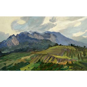 Vintage original oil painting Mountain landscape by Ukraine artist Y.Kiyanchenko 1970, Wall art, Sky and clouds over high foothills, Nature