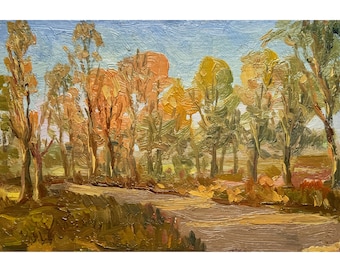 Vintage original oil painting Autumn forest landscape by Ukrainian artist V. Vlasov, 1970s, Trees, Woodland scenery, Fall nature, Wall art