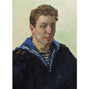 Pintura al óleo original antigua Retrato de un marinero del artista ucraniano A.Shkurko, 1963, Pintura de retrato, Retrato de un hombre, Retrato masculino