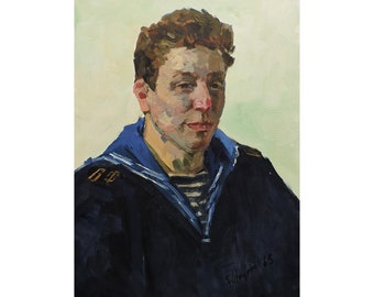 Antique original oil painting Portrait of a sailor by Ukrainian artist A. Shkurko, 1963, Portrait painting, Portrait of a man, Male portrait