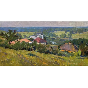 Vintage original Ölgemälde auf Leinwand Ländliche Landschaft vom Ukraine Künstler E.Ovsyannikova 1970er Jahre, Sommer, Landschaft, Dorf, Bauernhaus