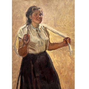 Antique original oil painting Portrait of a girl by Ukrainian artist A.Safargalin, 1960s, Portrait painting, Female portrait, Woman portrait