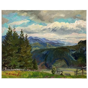 Vintage original oil painting on canvas Mountains landscape by Ukrainian artist O.Olkhov, 2003, Sunset, Sky, Cloudy evening, Christmas trees