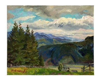 Vintage original oil painting on canvas Mountains landscape by Ukrainian artist Olkhov, Sunset, Sky, Cloudy evening, Christmas trees, Nature