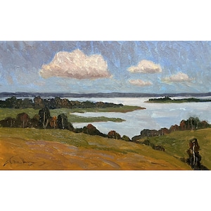 Original oil painting River landscape by Ukraine artist O.Bednoshey Sunset landscape, Evening over river, Riverscape, Riverbank, Clouds, Sky