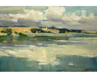 Vintage original oil painting River landscape by Ukraine artist O. Demydenko Wall art, Riverscape, Atmospheric Sky, Clouds, Skyscape, Nature