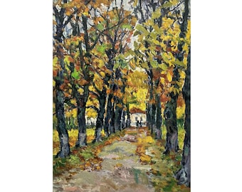 Vintage Original Oil Painting by Ukrainian artist Shkurko 1977, Autumn Park Landscape, Orange trees, Woodland scenery, Fall Nature, Wall Art
