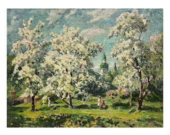 Vintage original oil painting on canvas Spring landscape by Ukraine artist O. Solodovnikov 1970s Wall art, Flowering trees, Botanical garden