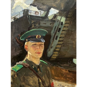 Pintura al óleo original vintage del artista ucraniano S. Polyakov, 1986, Retrato de un guardia fronterizo en el puerto, Retrato de un hombre, Retrato masculino