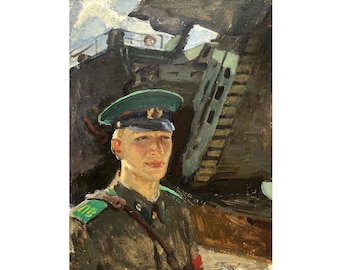 Vintage original oil painting by Ukrainian artist S. Polyakov, 1986 Portrait of a border guard at the port, Portrait of a man, Male portrait