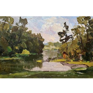Vintage original oil painting River landscape by Ukraine artist by I.Hapochenko, 1980s, River wall art, Nature, Trees, Riverbank, Riverscape