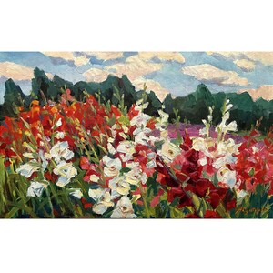 Pintura al óleo original vintage "Paisaje floral" de la artista ucraniana N.Abutkova, 1974, Gladiolos, Paisaje de parque de verano, Nubes, Arte mural de flores.