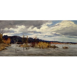 Antique original oil painting River landscape by Ukrainian artist M.Borymchuk, 1950s, Clouds, Trees, Riverbank, Riverscape, River Wall art