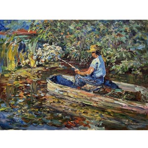 Vintage original oil painting on canvas River landscape by Ukrainian artist A.Fomin, 1980s, Summer, Fisherman in a boat with a fishing rod